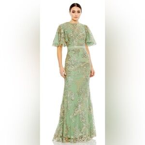 Mac Duggal Mint Green and Gold Embellished Lace Maxi Gown